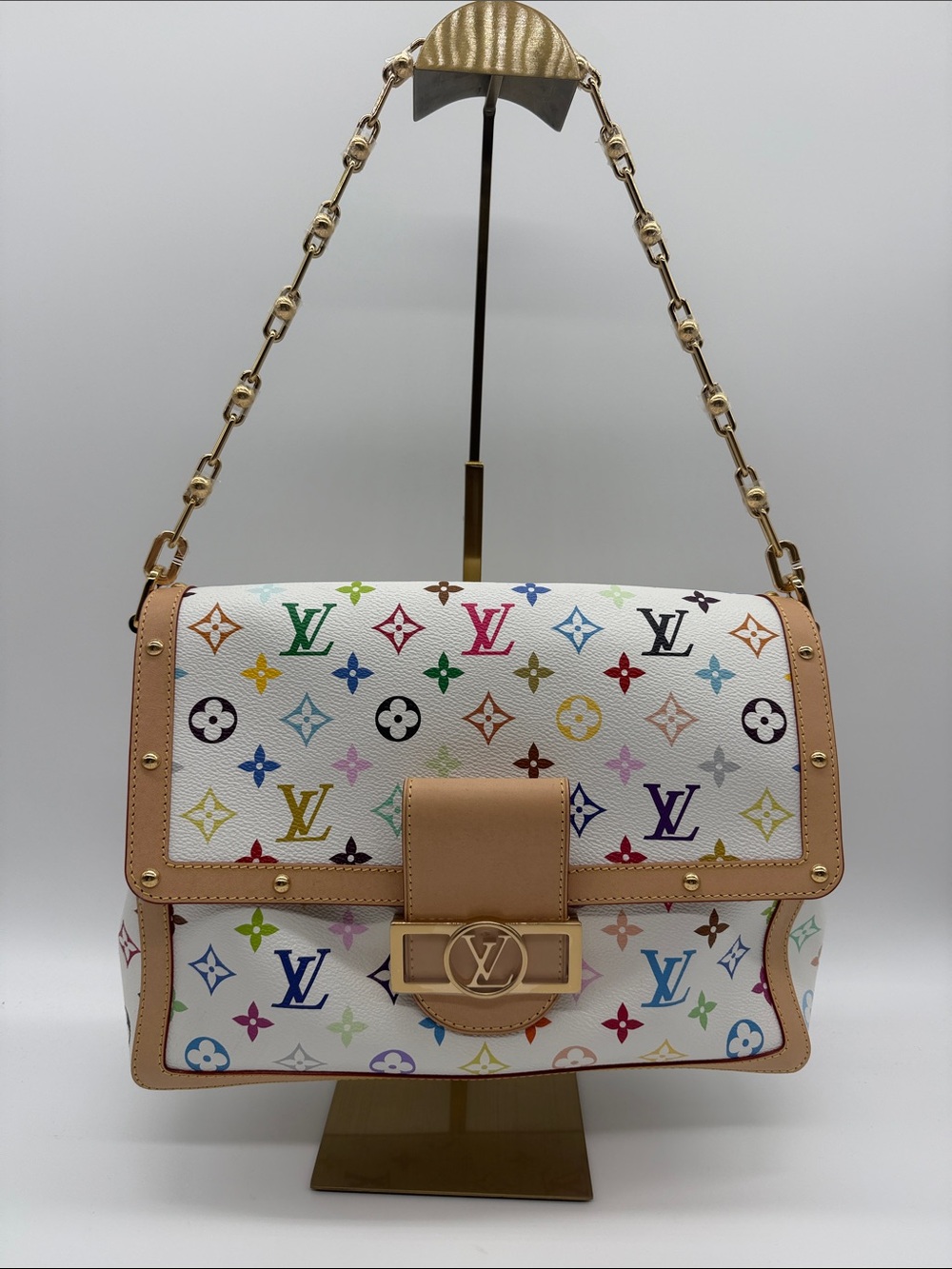 Louis Vuitton White Multicolor Monogram Shoulder Bag with Tan Trim